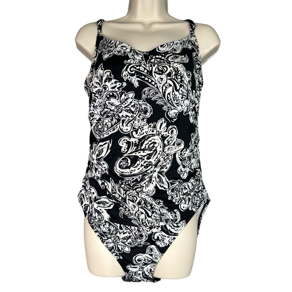 Lauren Ralph Lauren One Piece Swimsuit Black White Floral‎ Size 16 Beach Summer